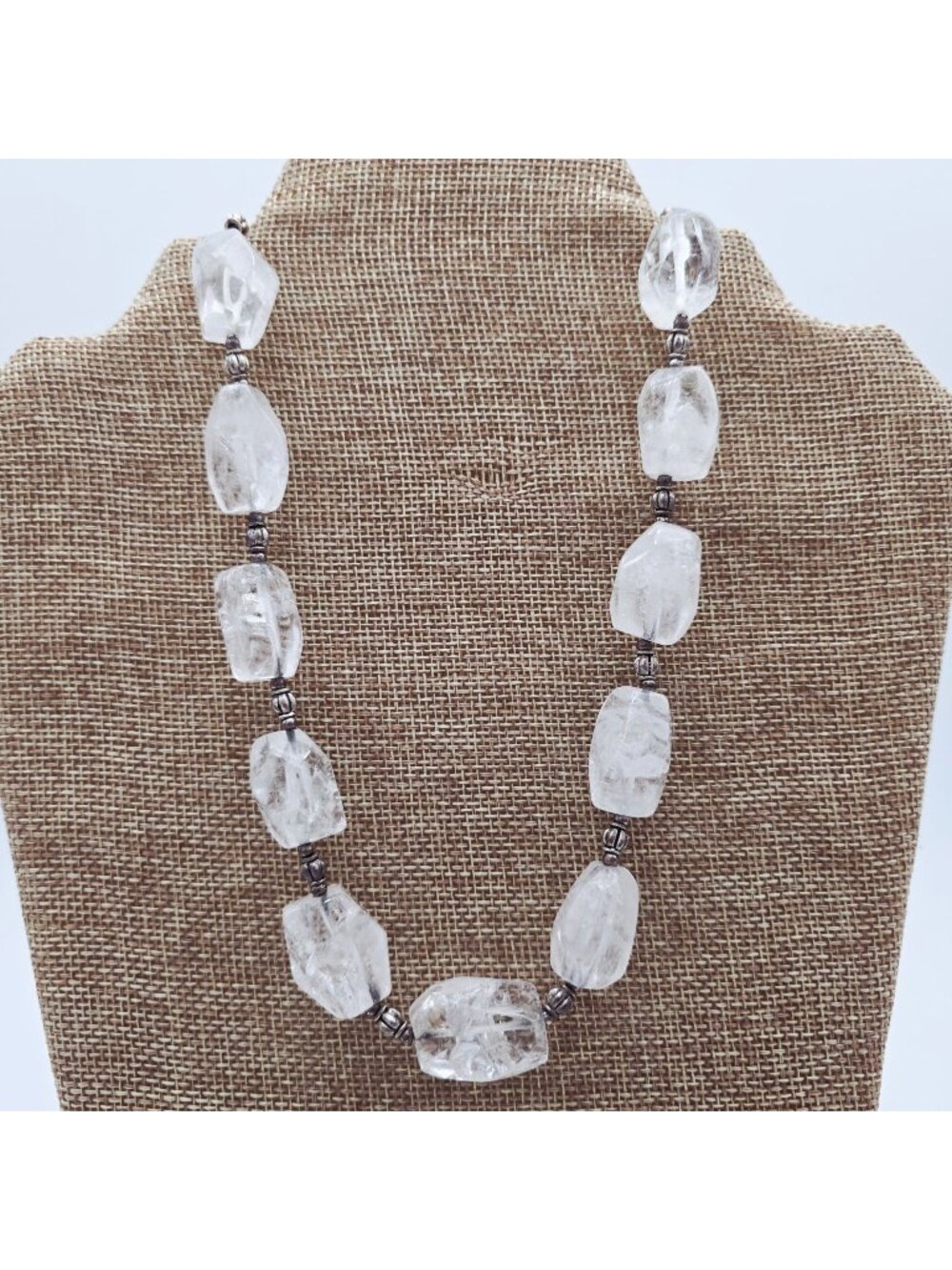 Chunky Clear Quartz Stone Necklace Antique Silver Accents & Toggle Clasp 18"